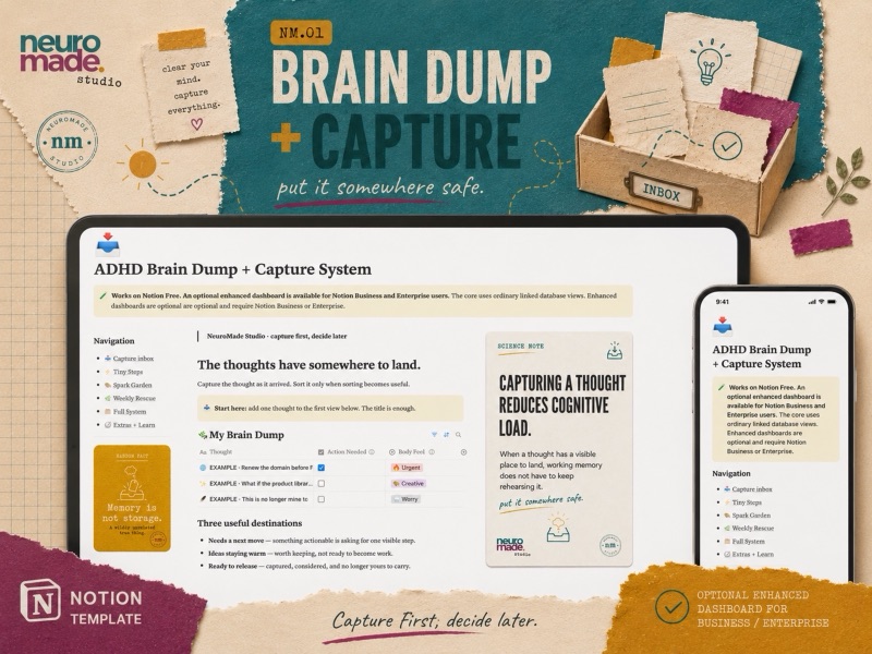 NeuroMade ADHD Brain Dump + Capture System product introduction with a preview of the Notion workspace.