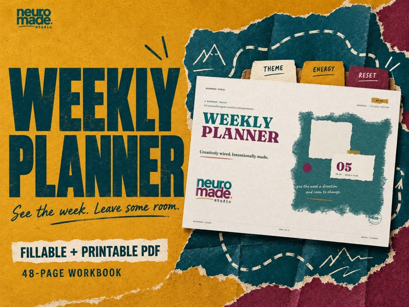 Weekly Planner by NeuroMade. 48-page fillable and printable PDF, with the real landscape workbook cover in a tactile illustrated scene.