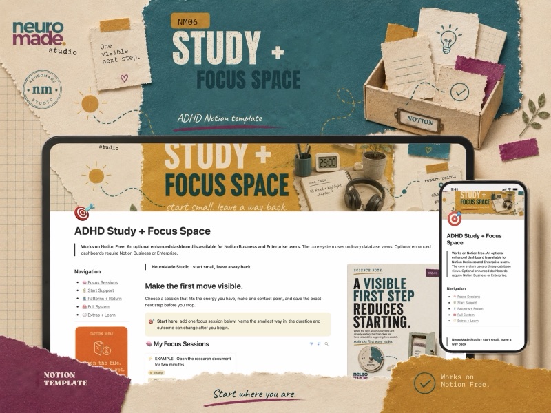 NeuroMade ADHD Study + Focus Space product introduction with a preview of the Notion workspace.