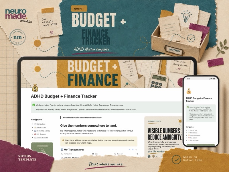 NeuroMade ADHD Budget + Finance Tracker product introduction with a preview of the Notion workspace.