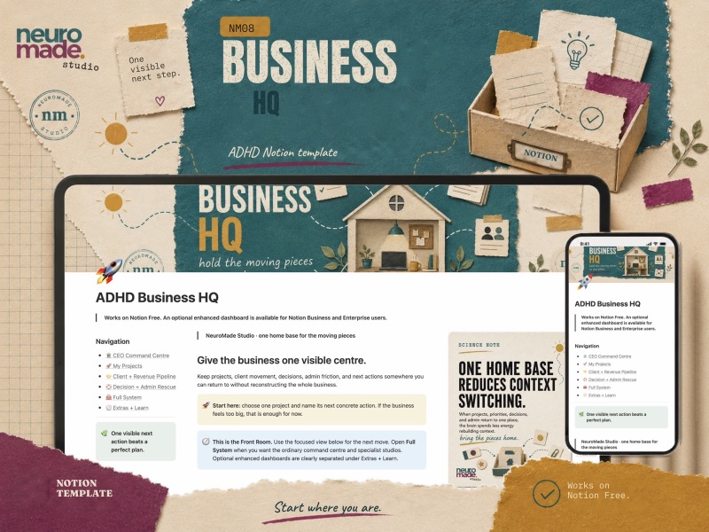 NeuroMade ADHD Business HQ product introduction with a preview of the Notion workspace.