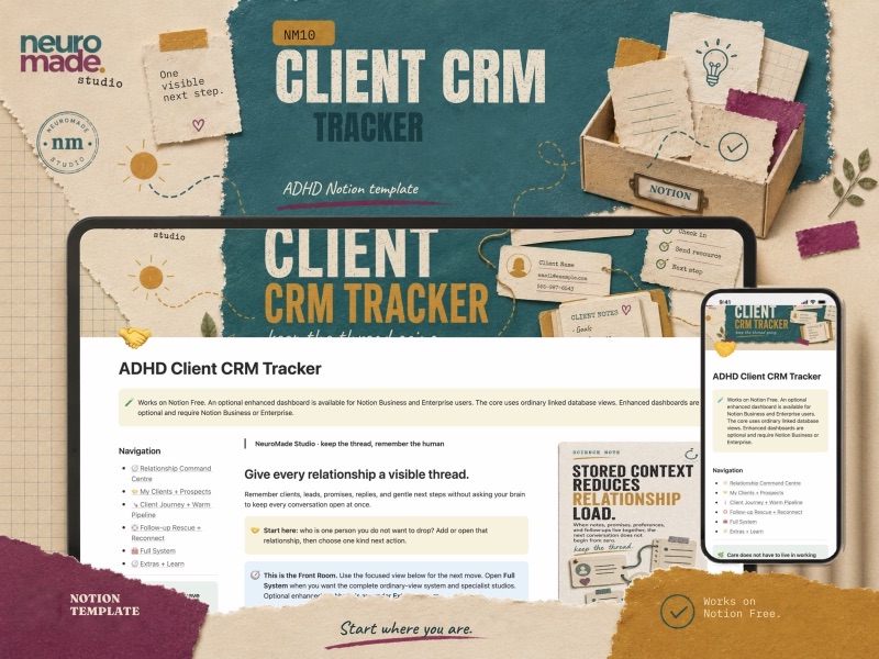 NeuroMade ADHD Client CRM Tracker product introduction with a preview of the Notion workspace.
