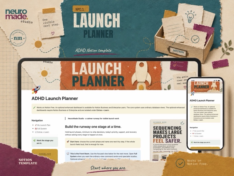 NeuroMade ADHD Launch Planner product introduction with a preview of the Notion workspace.