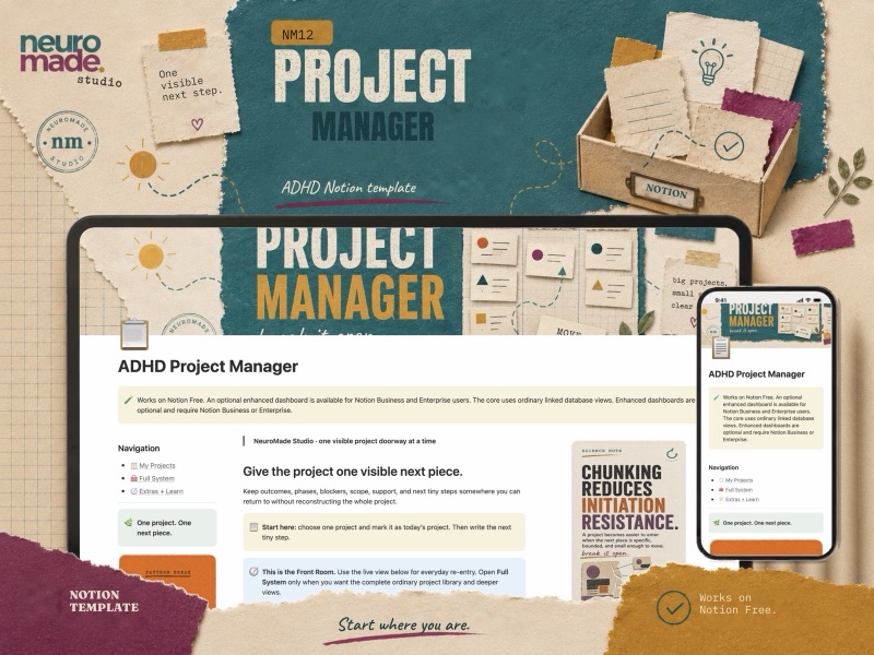 NeuroMade ADHD Project Manager product introduction with a preview of the Notion workspace.