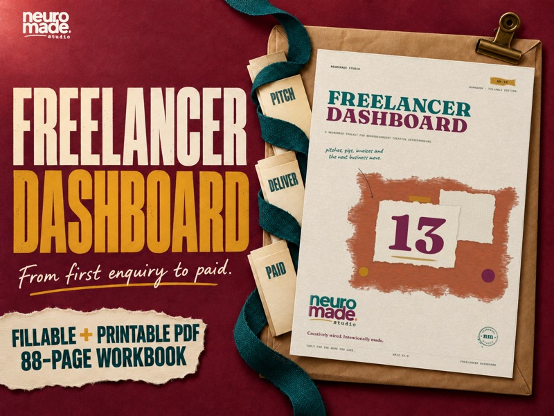 Freelancer Dashboard by NeuroMade. 88-page fillable and printable PDF, with the real portrait workbook cover in a tactile illustrated scene.
