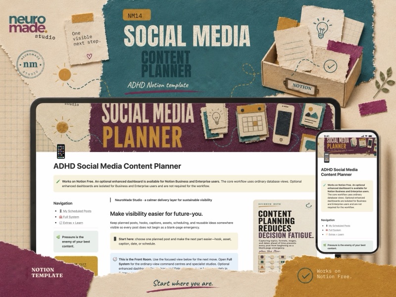 NeuroMade ADHD Social Media Content Planner product introduction with a preview of the Notion workspace.