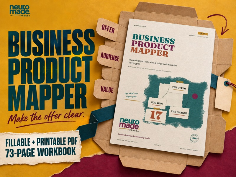 Business Product Mapper by NeuroMade. 73-page fillable and printable PDF, with the real portrait workbook cover in a tactile illustrated scene.