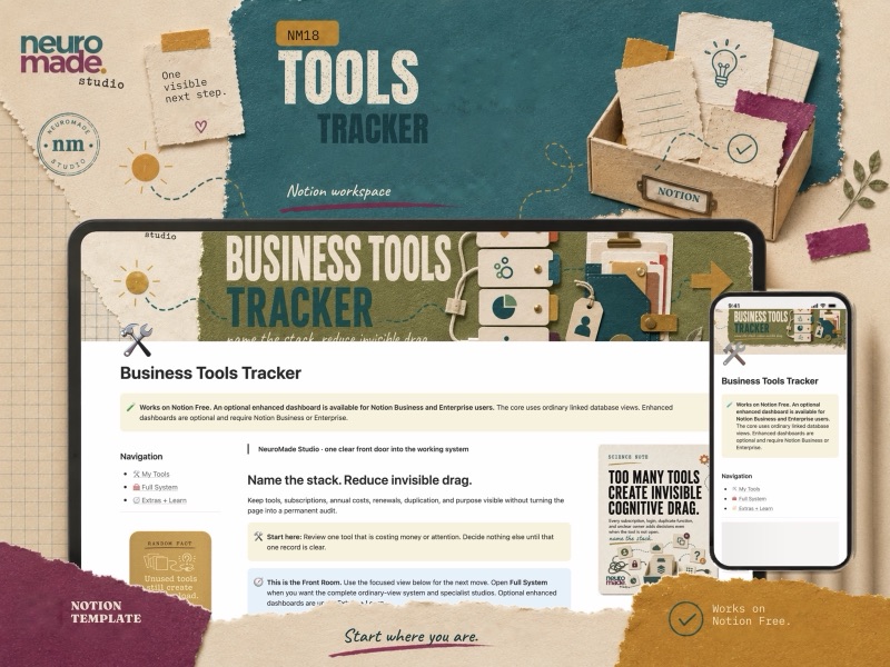 NeuroMade Business Tools Tracker product introduction with a preview of the Notion workspace.