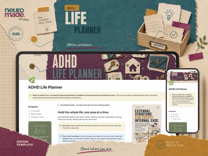 NeuroMade ADHD Life Planner product introduction with a preview of the Notion workspace.